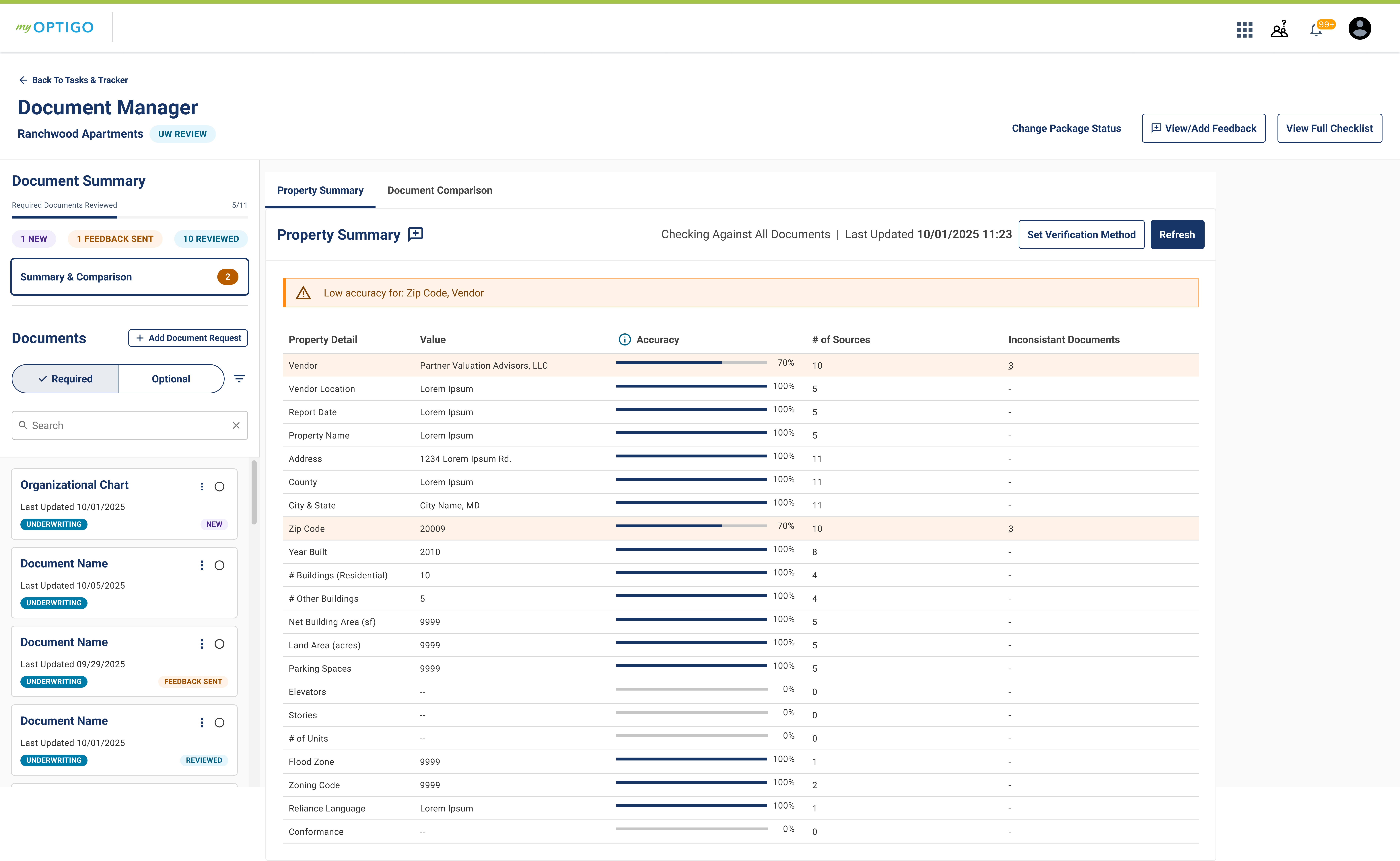 Property Summary with AI extraction and accuracy scoring