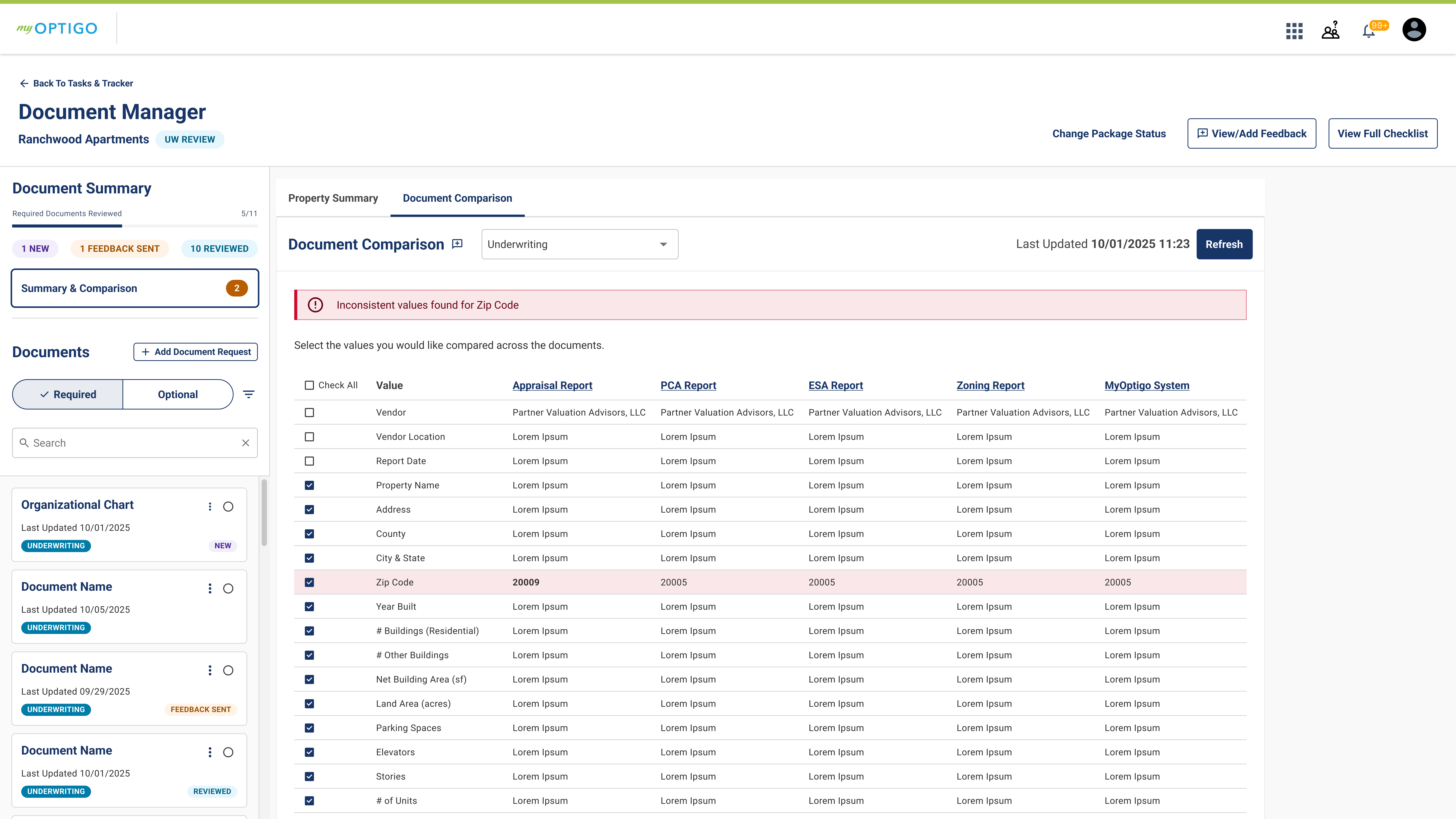 Document Comparison underwriting view with Zip Code discrepancy highlighted