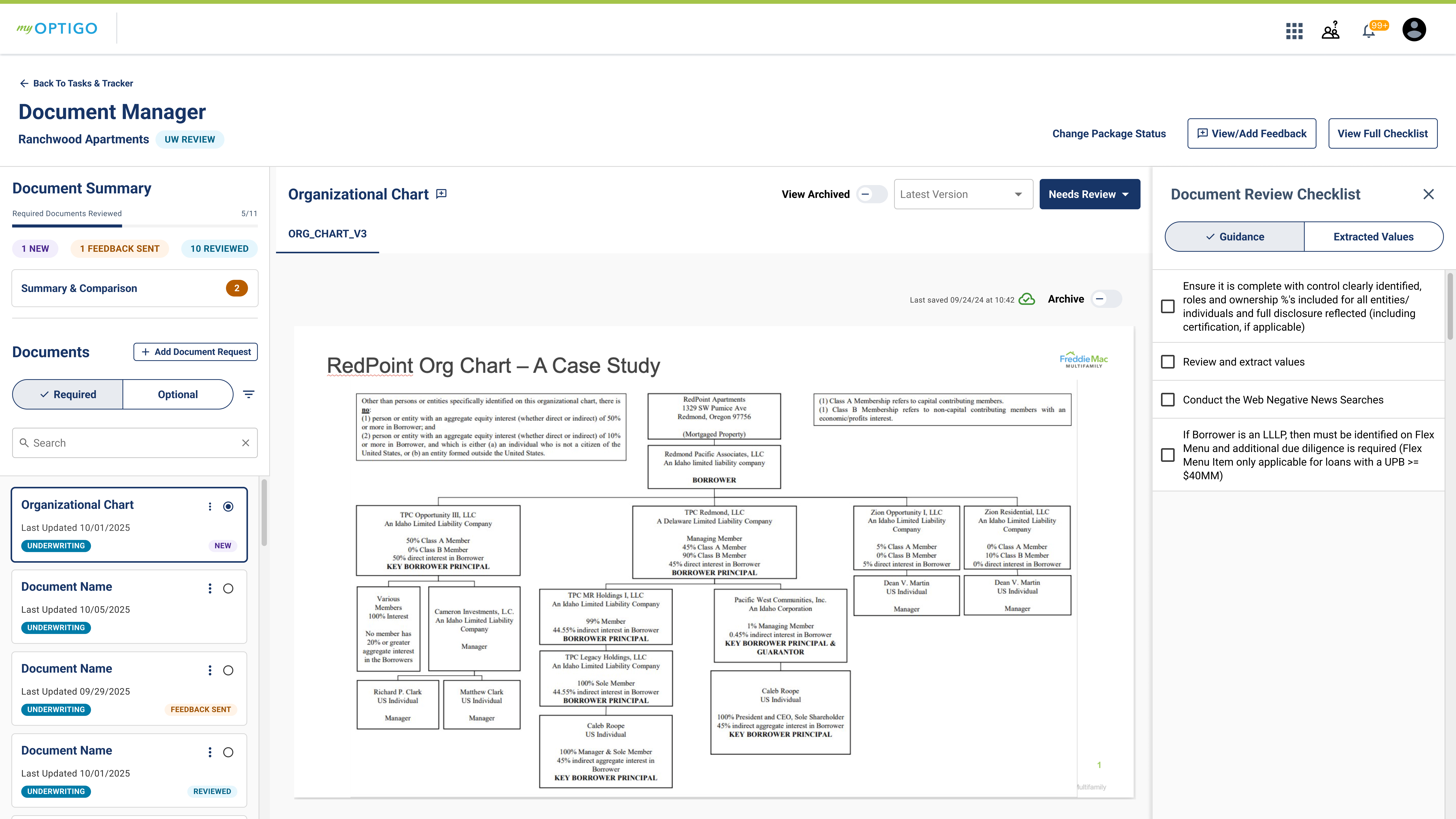 Individual document view with AI review checklist